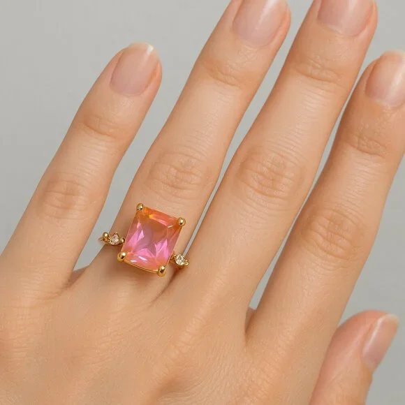 Princess Cut Pink CZ Ring Gold Plated Brass Size 6 - Picture 13 of 13